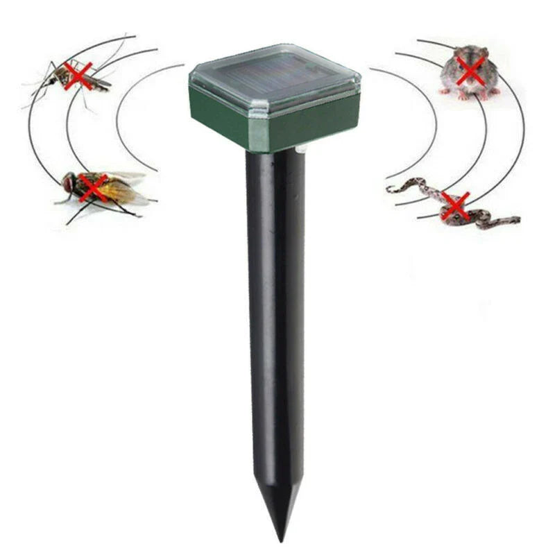 Solar-powered ultrasonic pest deterrent device for repelling moles, rats, snakes, and other burrowing pests from gardens and outdoor spaces