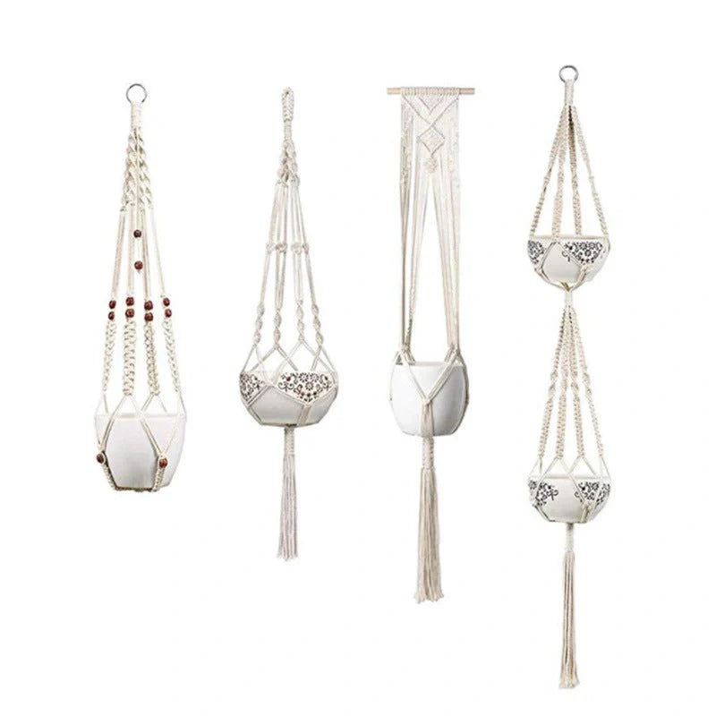 Handmade bohemian macrame hanging plant baskets in a set of four, perfect for home decor.