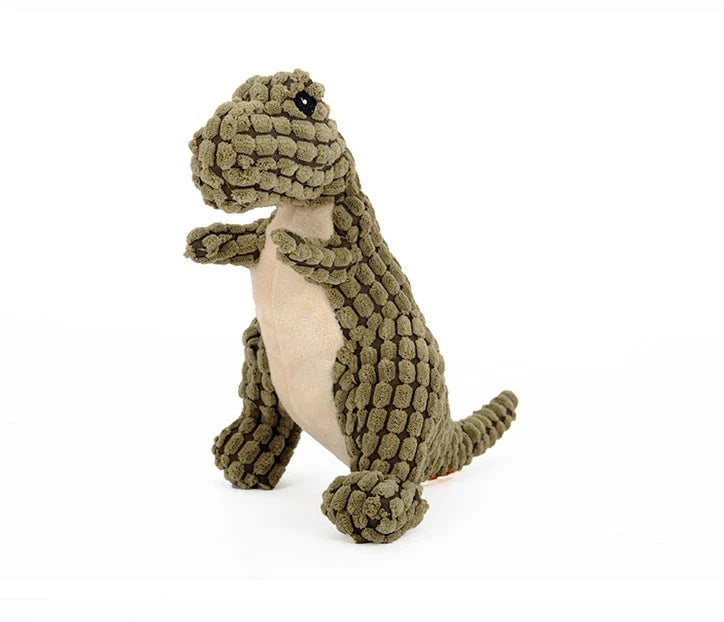 Dinosaur-themed plush chew toys for large dogs, featuring durable corn velvet exterior and soft, squeaky filling materials