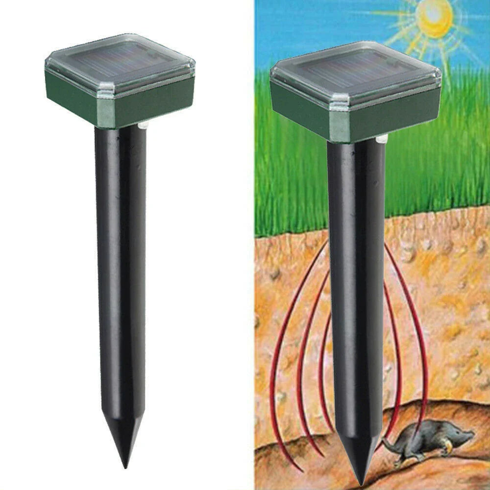 Solar-powered ultrasonic pest deterrent device for repelling moles, rats, snakes, and other burrowing pests from gardens and outdoor spaces