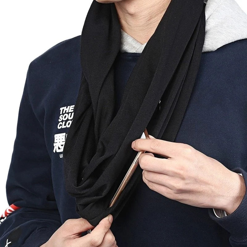 Stylish infinity scarf with hidden pocket in black, grey, and white