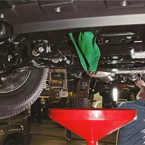 Multipurpose flexible automotive funnel in green colour, used for transferring fluids and dry ingredients while preventing spills