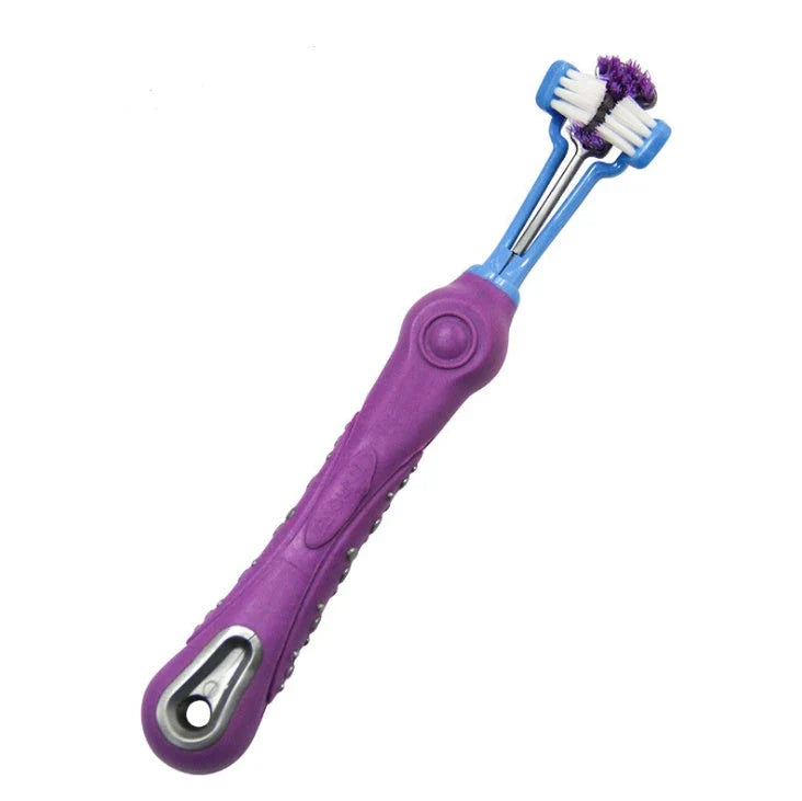 Premium Triple-Headed Pet Toothbrush in various colours, designed to effectively clean pets' teeth and eliminate bad breath and tartar build-up.