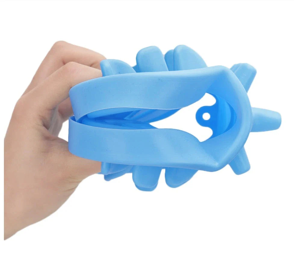 Slow feed pet bowl made of durable silicone, available in blue, rose red, and green colours, featuring anti-choke and anti-tip design for healthy digestion