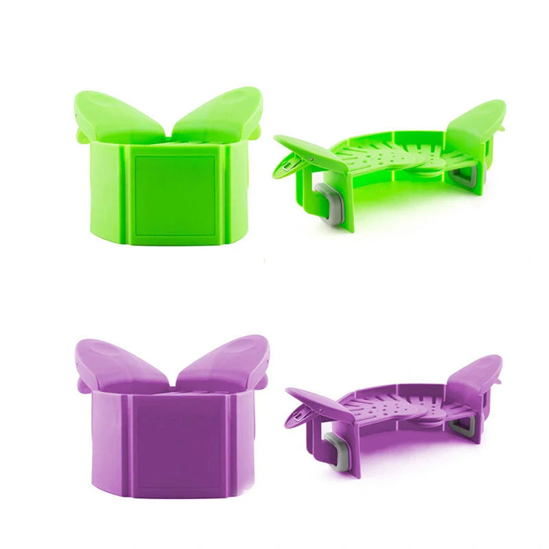 Universal Silicone Clip-on Pan Pot Strainer in purple and green, showcasing its compact design and clip mechanism