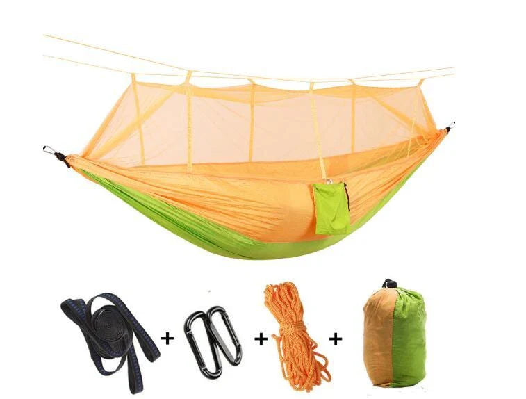 Versatile parachute hammock with mosquito net for outdoor camping and relaxation