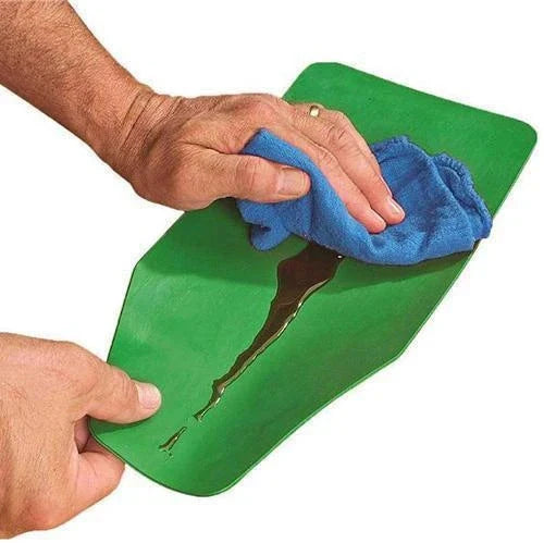 Multipurpose flexible automotive funnel in green colour, used for transferring fluids and dry ingredients while preventing spills