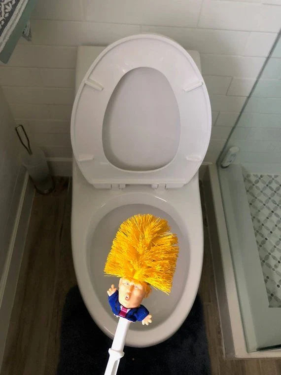 Hilarious Trump-themed toilet brush with bright yellow color and distinctive design