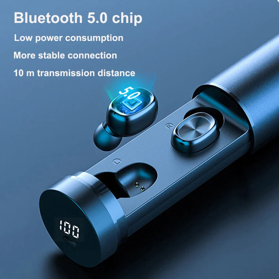 Wireless Bluetooth 5.0 earbuds with 8D HIFI surround sound, ergonomic design, and sweat-resistant construction for music, gaming, and active lifestyles.