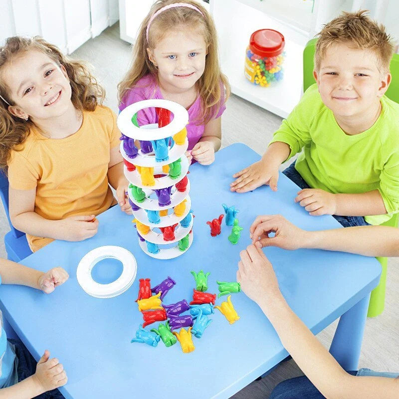 Stackable penguin-themed balance game with colourful plastic pieces for building challenging towers