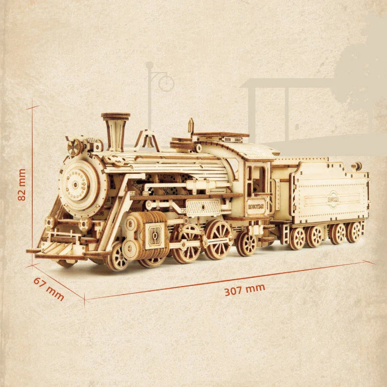 Premium wooden train model kit with detailed components and instructions for DIY assembly