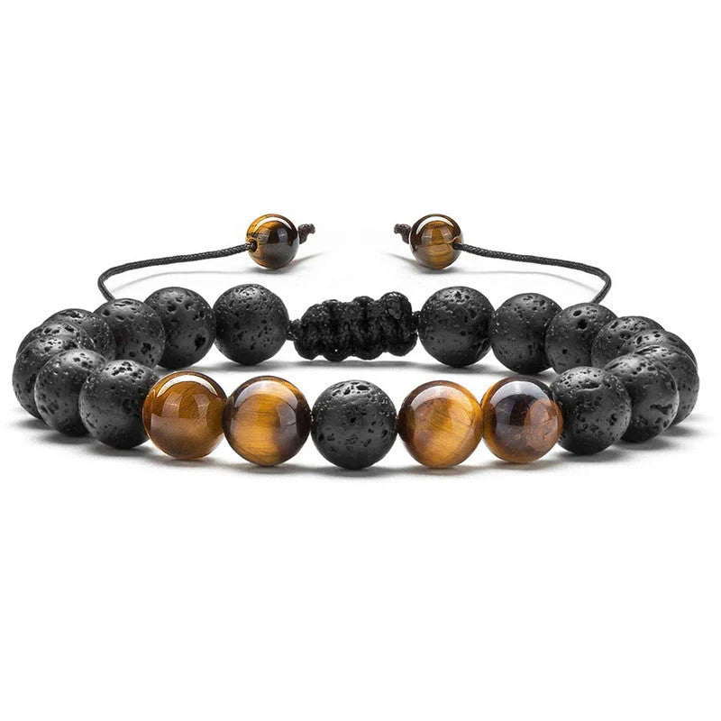 Matte black agate beads and tiger eye couple bracelets with geometric design