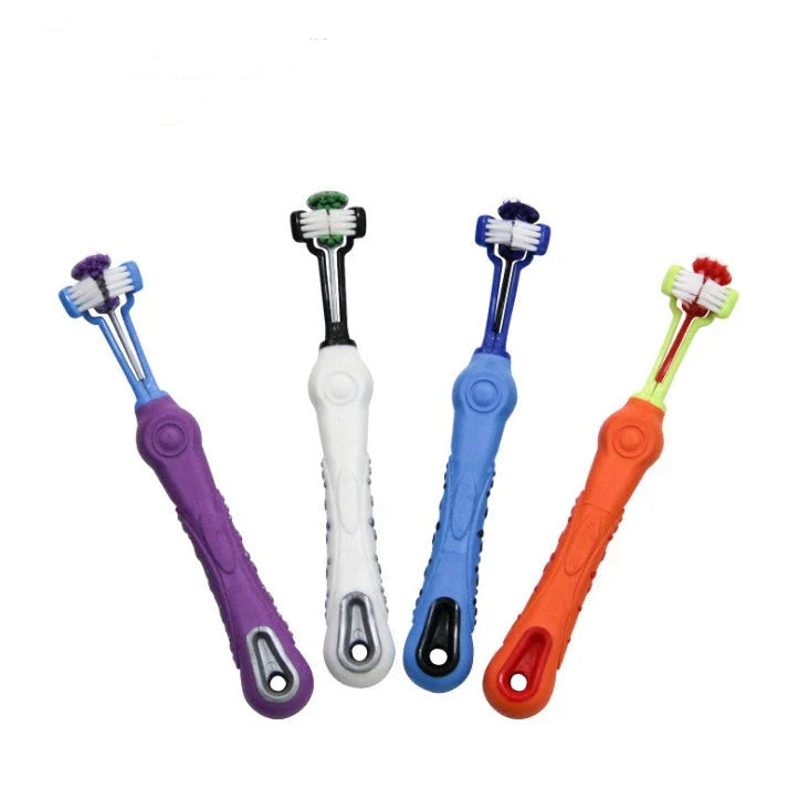 Premium Triple-Headed Pet Toothbrush in various colours, designed to effectively clean pets' teeth and eliminate bad breath and tartar build-up.