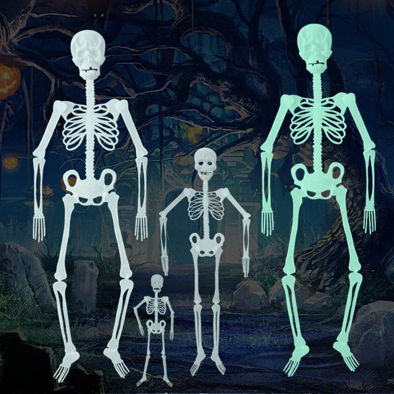Eerie glow-in-the-dark Halloween skeleton display prop with realistic details and luminous effect