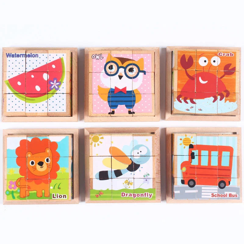 Colourful wooden 3D jigsaw puzzle with various patterns including fruit, insects, traffic, and animals