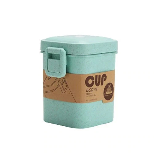 A stylish microwave-safe lunch box with a removable soup mug in various colours, including pink, green, and apricot