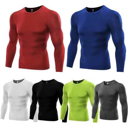 Premium men's long sleeve compression workout shirt in black, white, gray, green, blue, and red colors