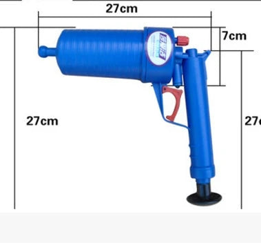 Powerful Drain Blaster high-pressure air gun with four adaptable nozzle sizes for clearing clogged pipes, sinks, and drains