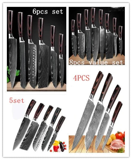 Premium 8-Piece Damascus Steel Kitchen Knife Set with Razor-Sharp Blades and Ergonomic Wooden Handles