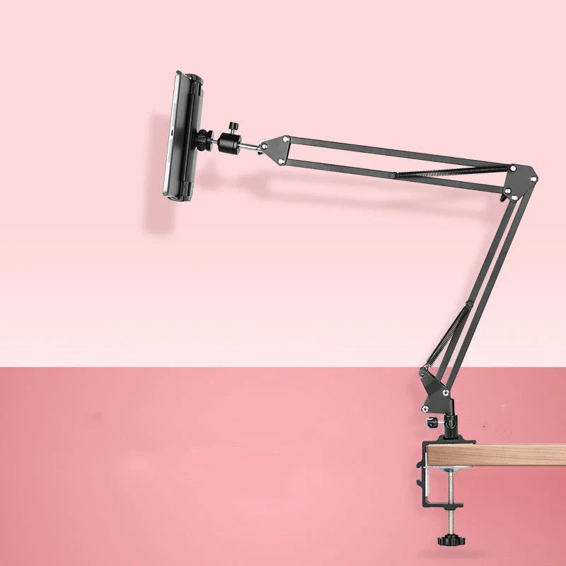 Versatile desktop phone and tablet holder with adjustable arm and 360-degree rotation for easy device positioning