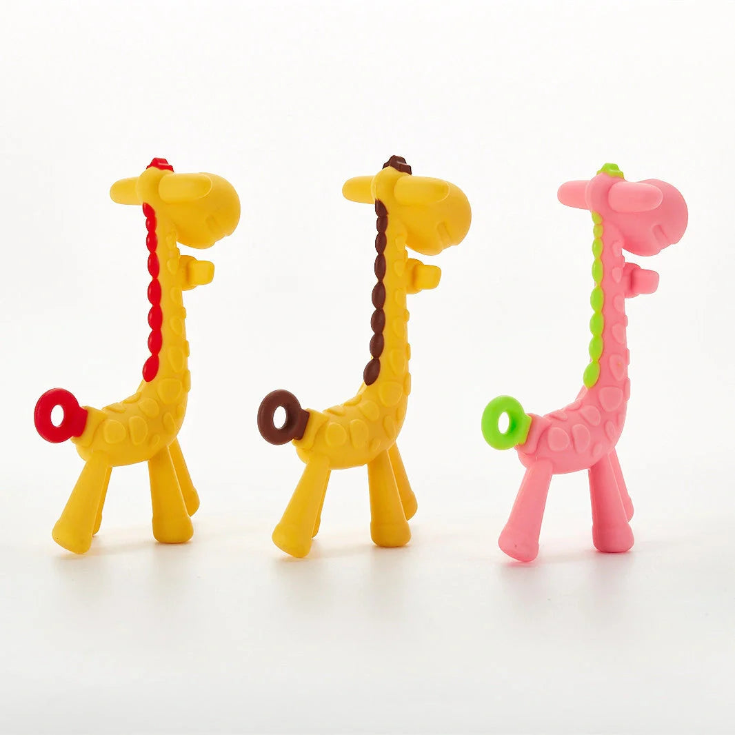 Premium baby giraffe teething toy made of soothing silicone with multiple chewable parts for soothing sore gums during teething