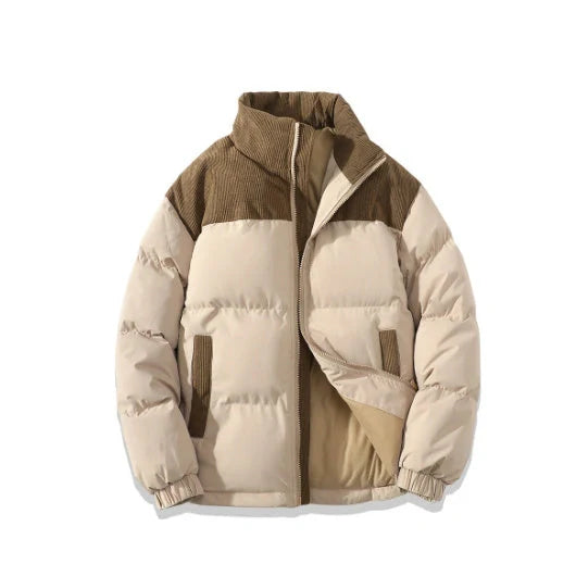 A stylish padded winter coat with contrast-coloured accents, designed for both men and women to stay warm and look fashionable.