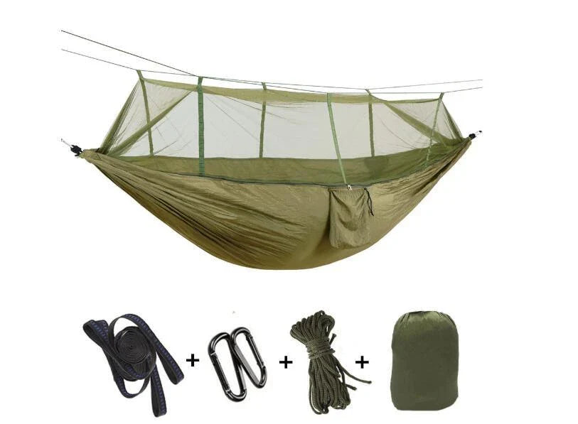 Versatile parachute hammock with mosquito net for outdoor camping and relaxation