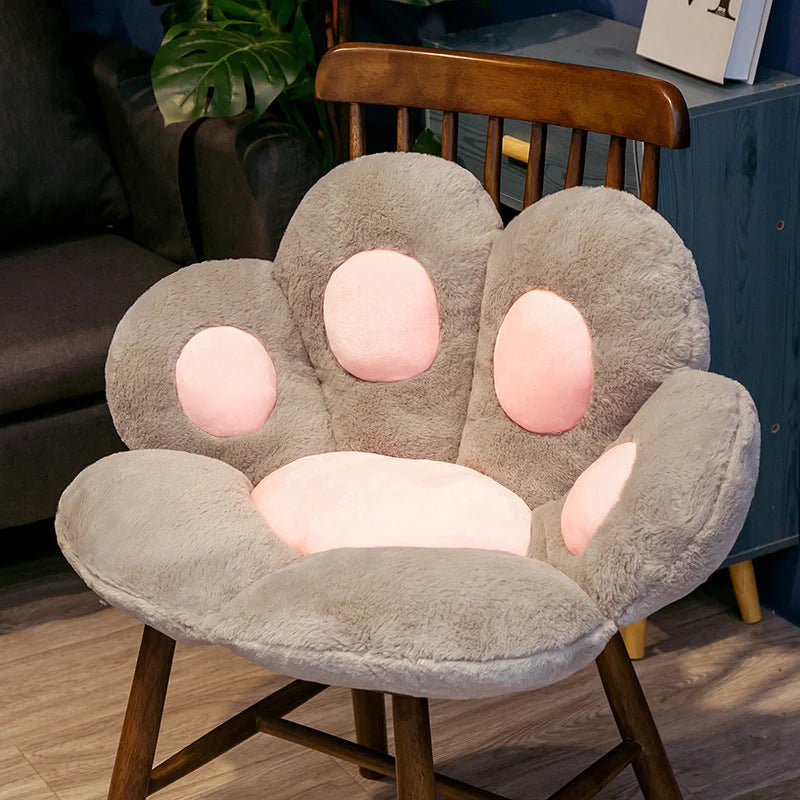 Plush office chair cushion with adorable paw-shaped design in various colors and sizes