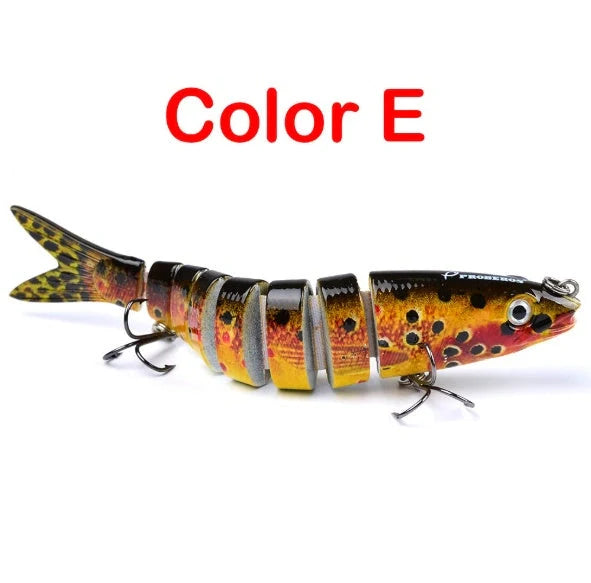 Multi-jointed pike fishing lure with light reflection and sound attraction features