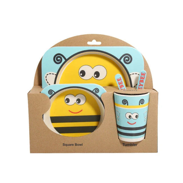 Five-piece bamboo fibre children's tableware set with plates, bowls, cups, spoons, and forks in various animal-themed designs