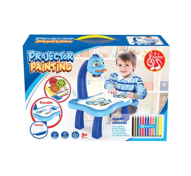 A smart projection art desk with various colourful patterns, drawing pens, and a blank drawing book, designed to stimulate children's creativity and intellectual development.