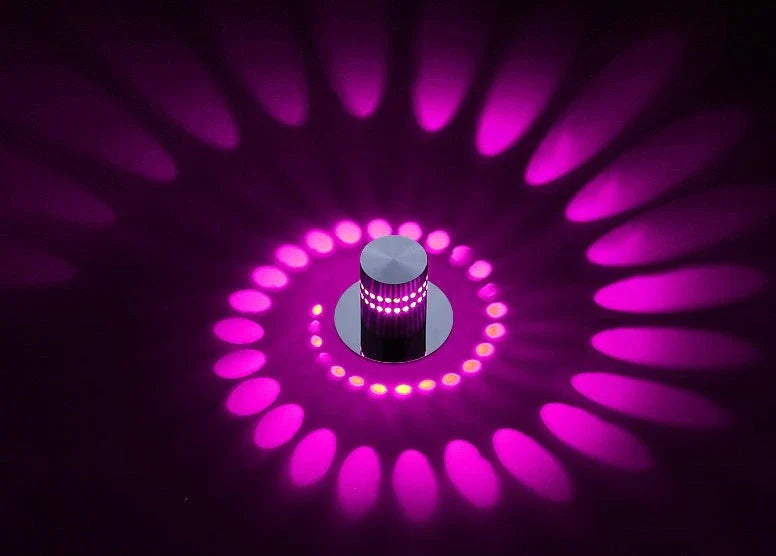 Colorful LED wall lights with a spiral design, featuring a wireless remote control for adjusting the vibrant color-changing display.