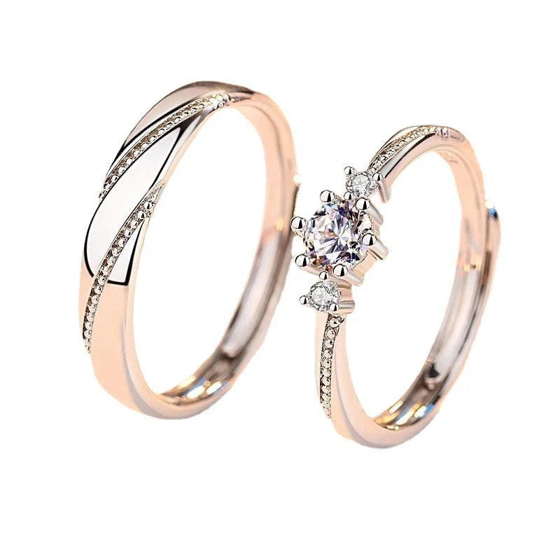 Adjustable Sterling Silver Couple Rings with geometric design and gold-plated inlay