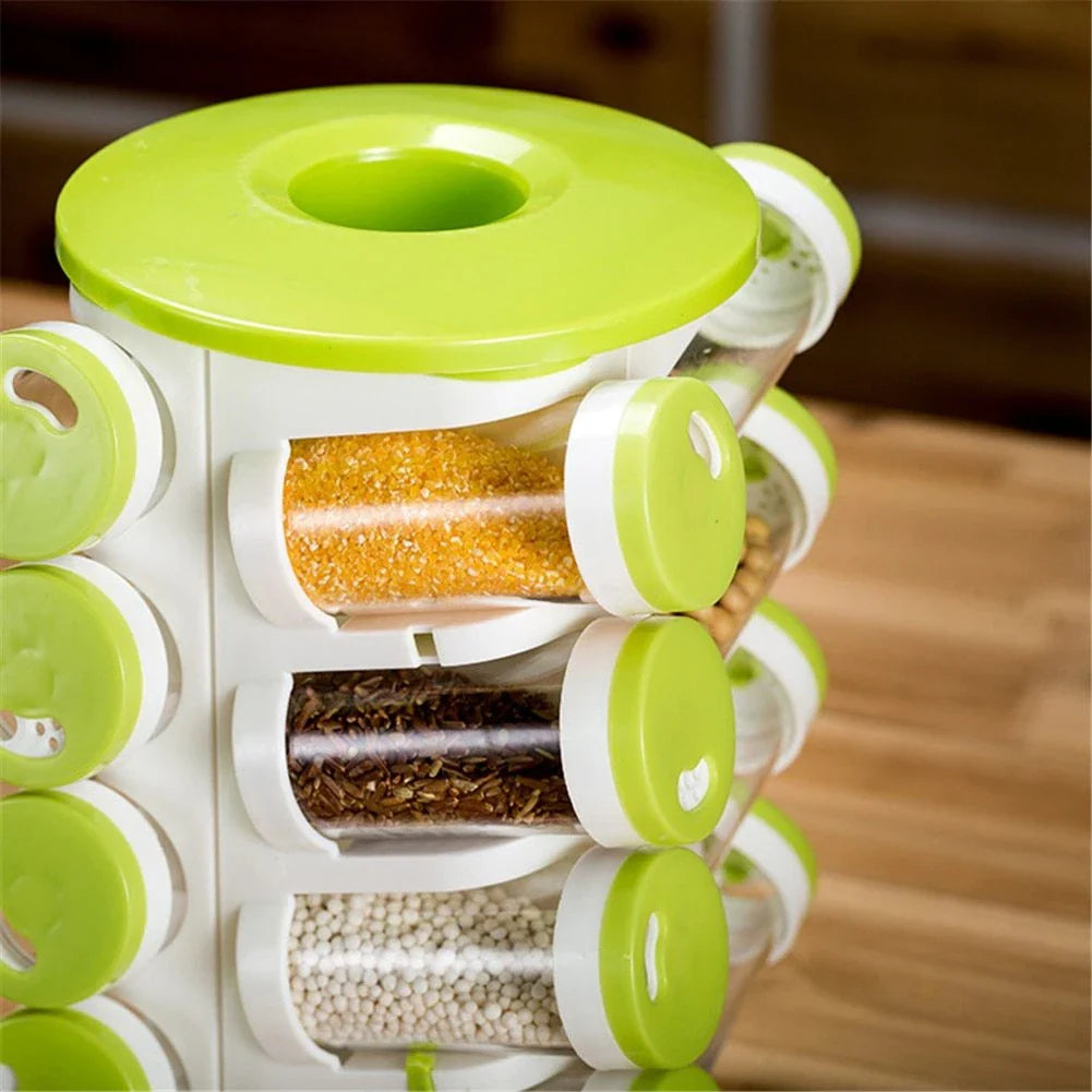 Premium rotating spice rack with 16 individual compartments for storing various spices, herbs, and seasonings