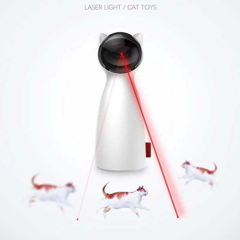 A white, automatic LED laser cat toy that provides endless entertainment for felines by engaging their natural hunting instincts.