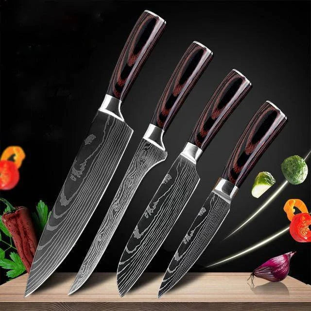 Premium 8-Piece Damascus Steel Kitchen Knife Set with Razor-Sharp Blades and Ergonomic Wooden Handles