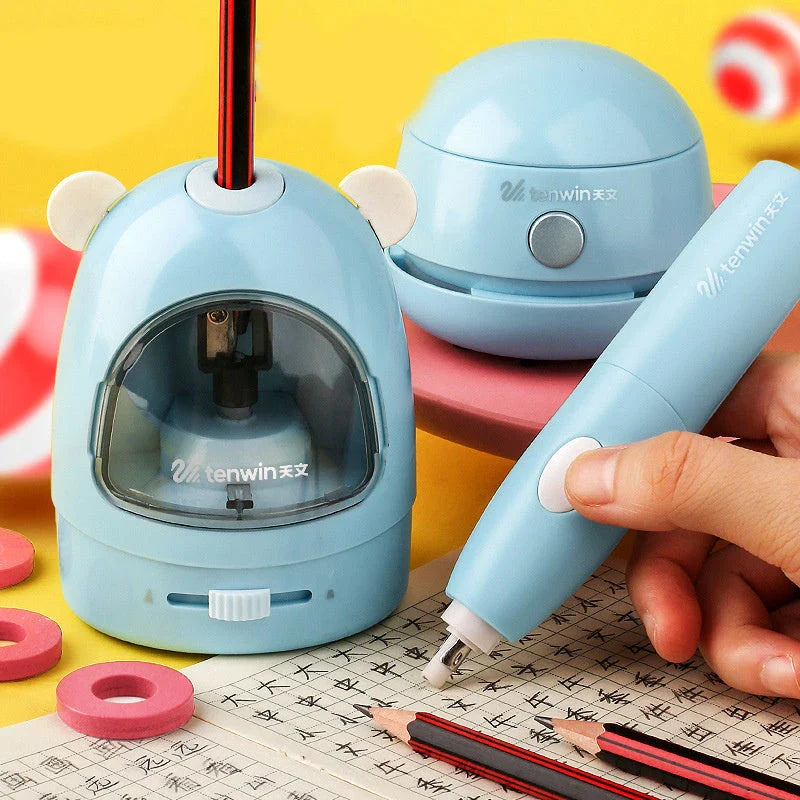 Multifunctional desk organiser set with electric pencil sharpener, eraser, and vacuum cleaner for efficient workspace organisation