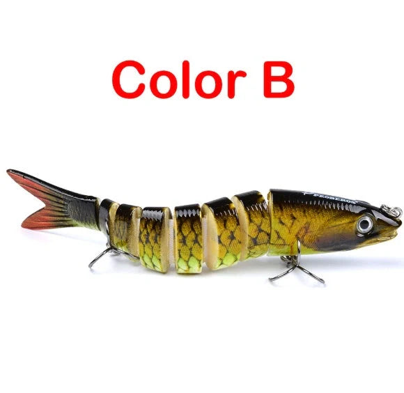 Multi-jointed pike fishing lure with light reflection and sound attraction features