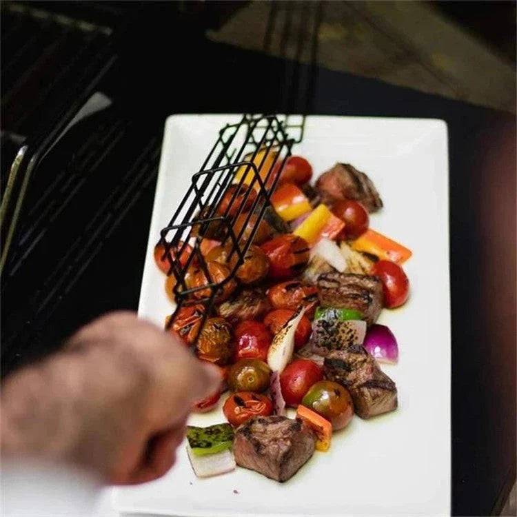 Premium stainless steel BBQ grill basket with rotary lid, wooden handle, and versatile design for outdoor cooking