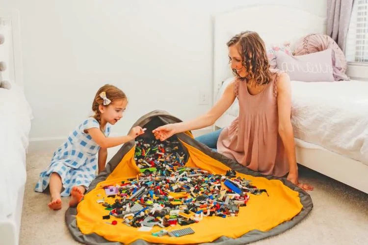 Canvas toy storage basket with rollout play mat, available in various colours and sizes