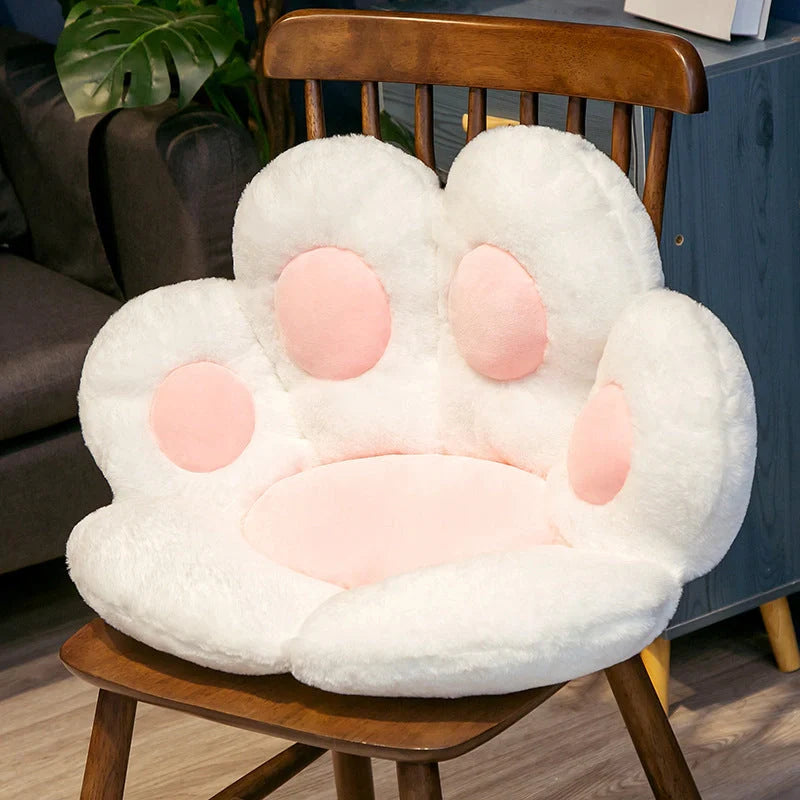 Plush office chair cushion with adorable paw-shaped design in various colors and sizes