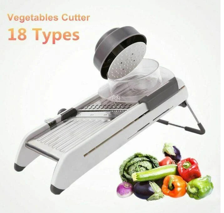 The Versatile Vegetable Slicer with adjustable slicing, shredding, and waffle cutting capabilities for easy meal preparation