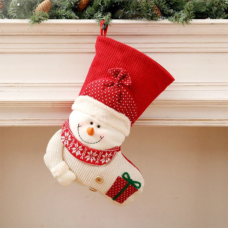 Cozy knit Christmas stocking with classic Santa Claus or whimsical snowman design for festive fireplace and tree decor