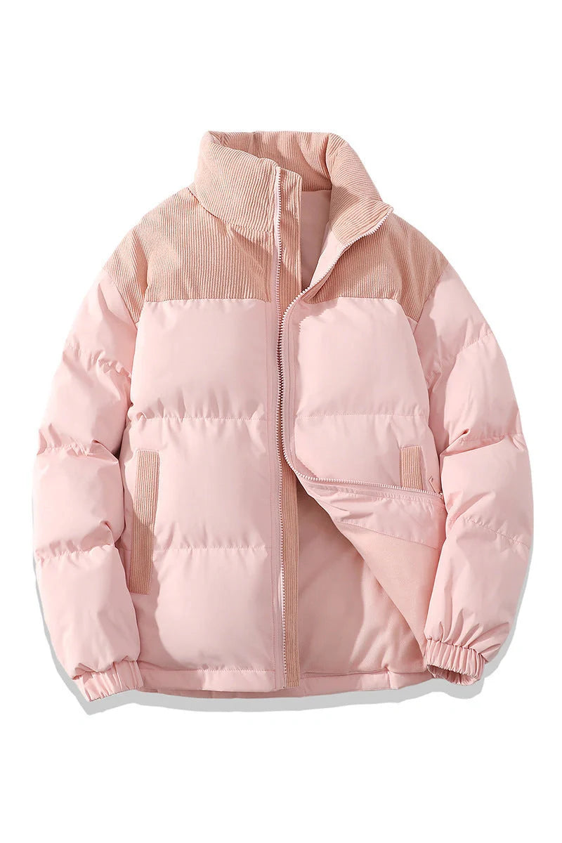 A stylish padded winter coat with contrast-coloured accents, designed for both men and women to stay warm and look fashionable.