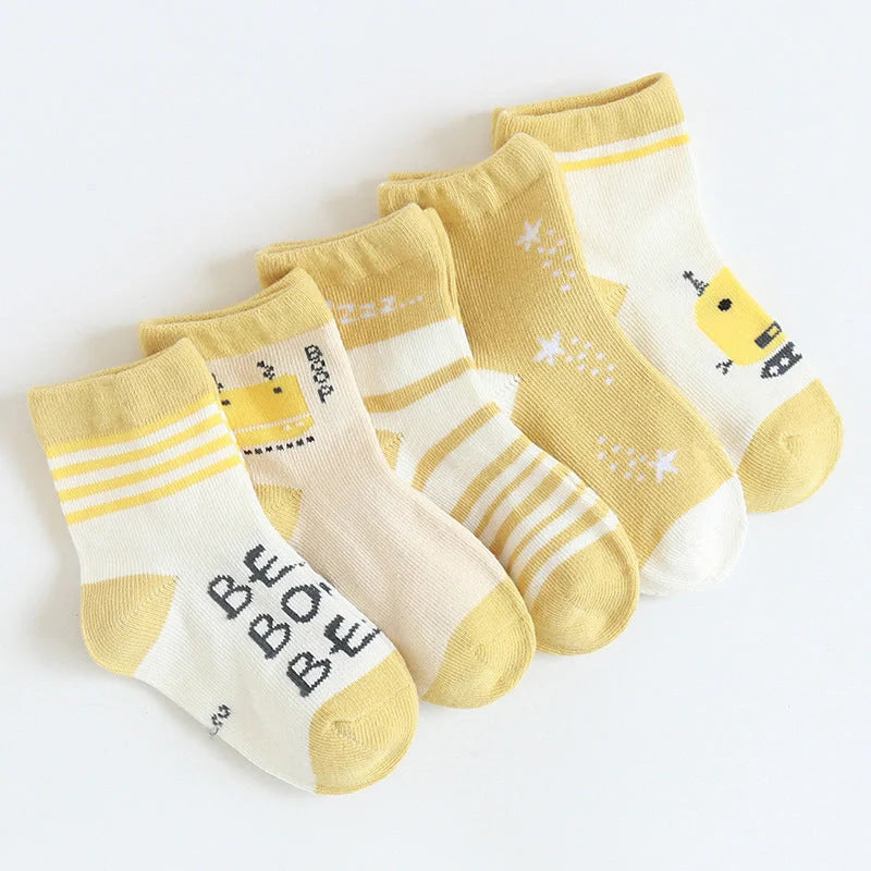Kids' cartoon jacquard cotton socks in various fun designs for comfort and style