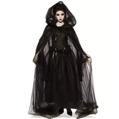 Maleficent Halloween costume with horned headpiece, flowing cape, and dark dress