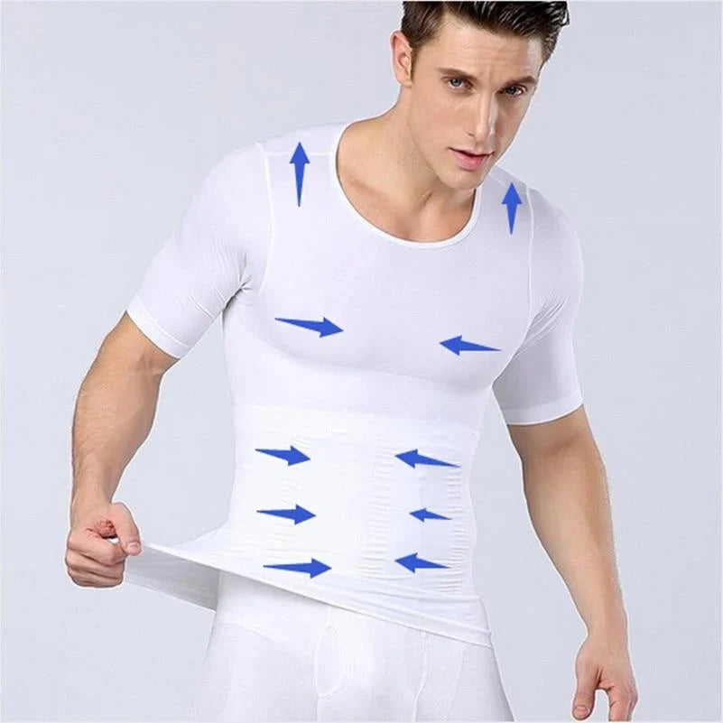 Men's compression t-shirt for fitness with belly support in navy blue, black, and white