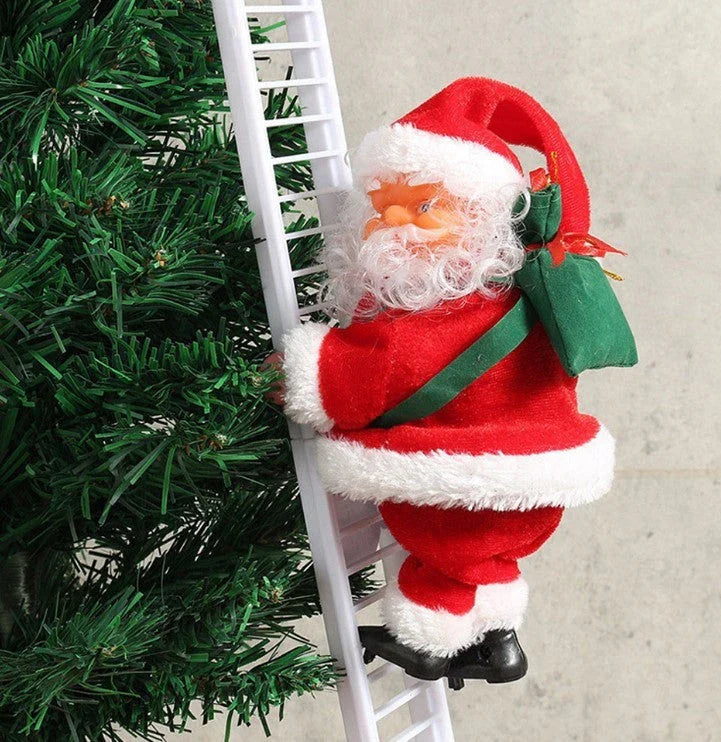 Festive Santa Claus Climbing Ladder - Automated Holiday Decoration with Red Ladder and Cheerful Music