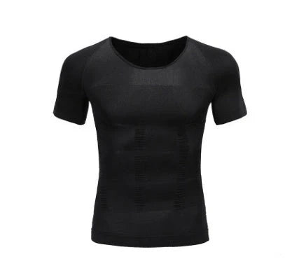 Men's compression t-shirt for fitness with belly support in navy blue, black, and white