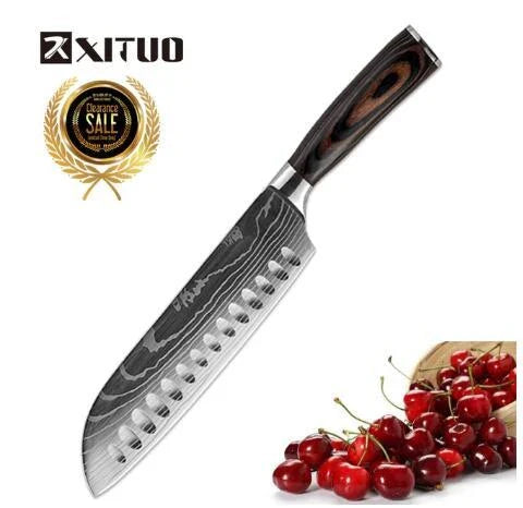 Premium 8-Piece Damascus Steel Kitchen Knife Set with Razor-Sharp Blades and Ergonomic Wooden Handles
